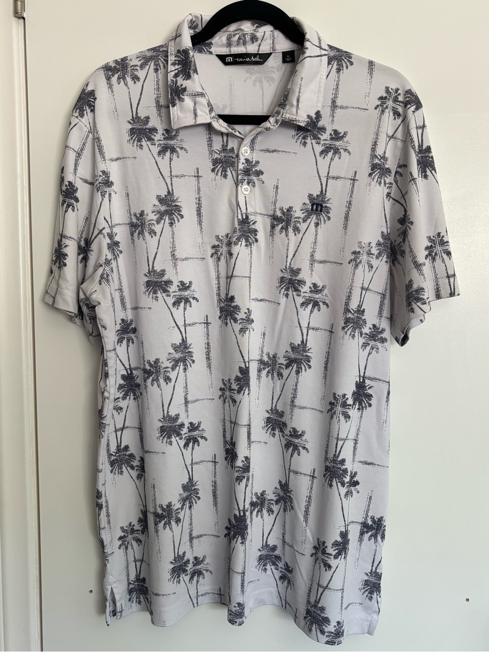 Travis Mathew Short Sleeve Casual Polo Shirt White Gray Palm Tree Print Large